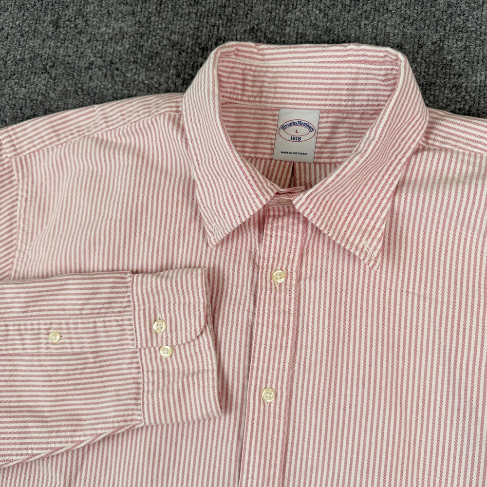Brooks Brothers Oxford Shirt Mens L Pink White Striped Long Sleeve Button Up